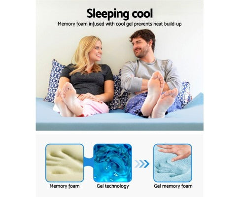 Fitlybuy blue cooling gel memory foam mattress topper with a couple resting, showing foam and gel comfort technology.