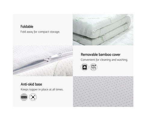 Fitlybuy white cooling gel memory foam mattress topper features a foldable design, washable bamboo cover, and non-slip base.