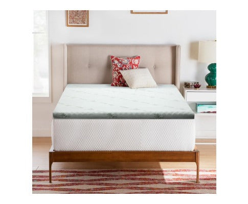 Fitlybuy grey cool gel memory foam mattress topper on a bed in a bedroom setting.