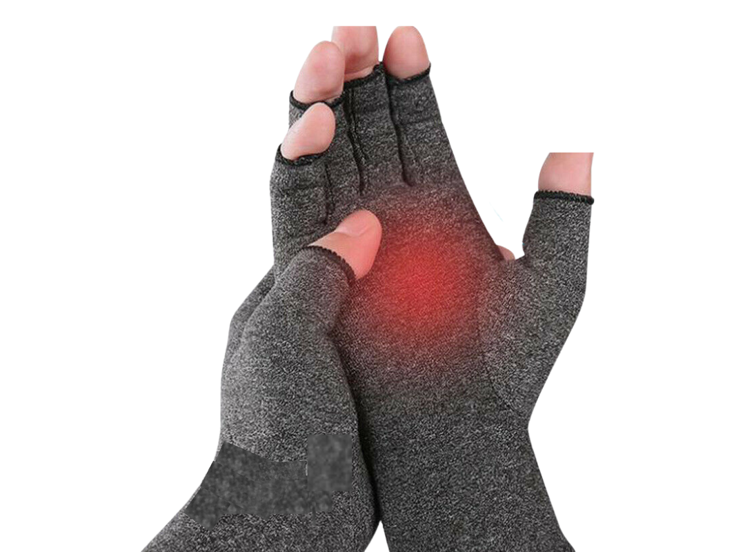 Fitlybuy grey compression gloves with open fingers, showing red heat therapy zones on hands for pain relief.
