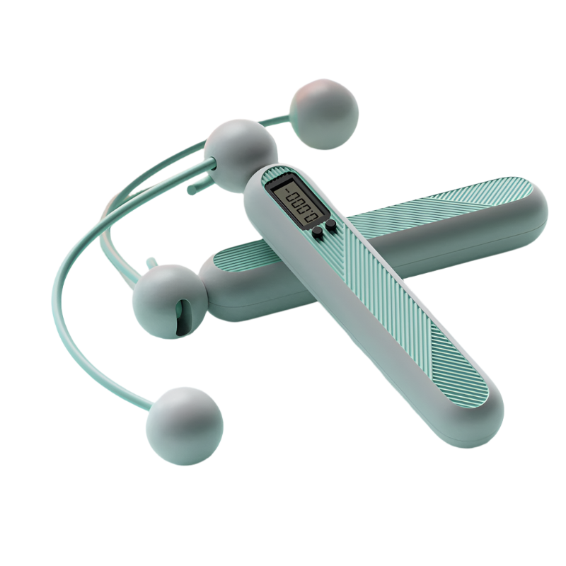 Mint green Fitlybuy cordless digital jump rope with LCD fitness tracker, featuring textured ergonomic handles.