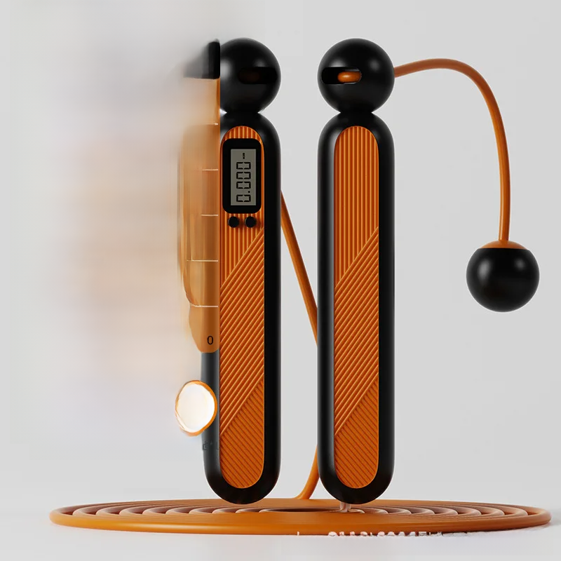 Fitlybuy cordless digital jump rope with black and orange textured handles, LCD screen, and weighted balls.