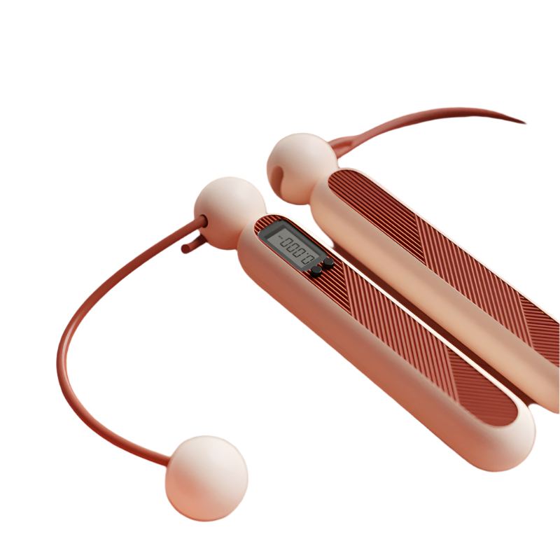 Fitlybuy cordless digital jump rope in peach with ribbed handles, LCD screen, and weighted balls for fitness tracking.