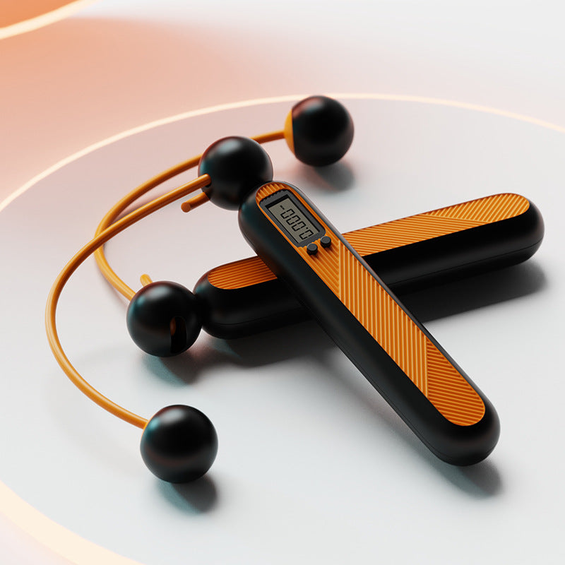 Fitlybuy cordless digital jump rope with orange and black handles and integrated fitness tracking display.
