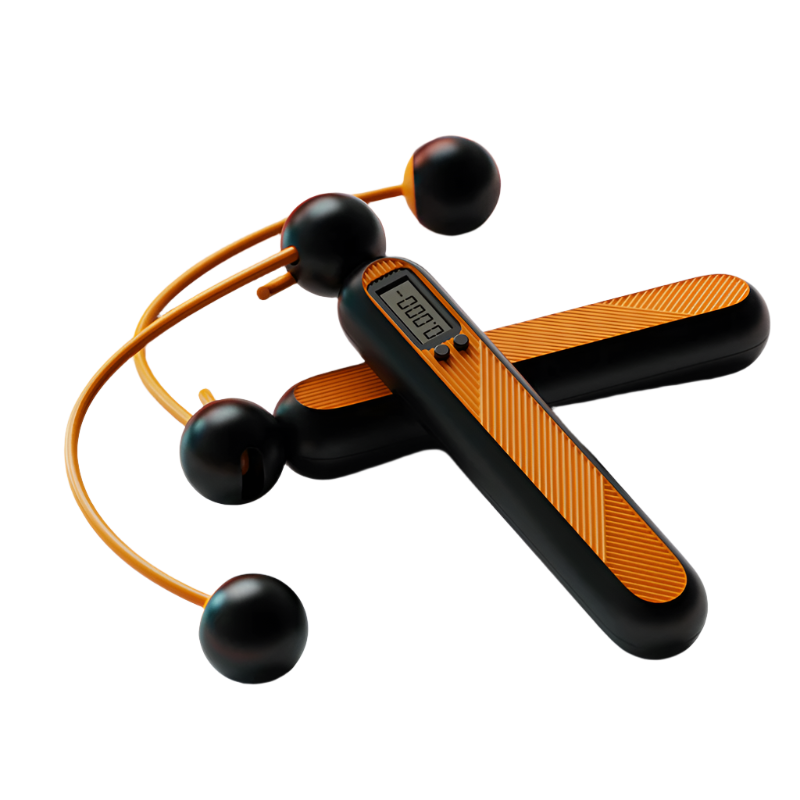 Fitlybuy cordless digital jump rope in black and orange with a smart tracking LCD screen and weighted ball ends.