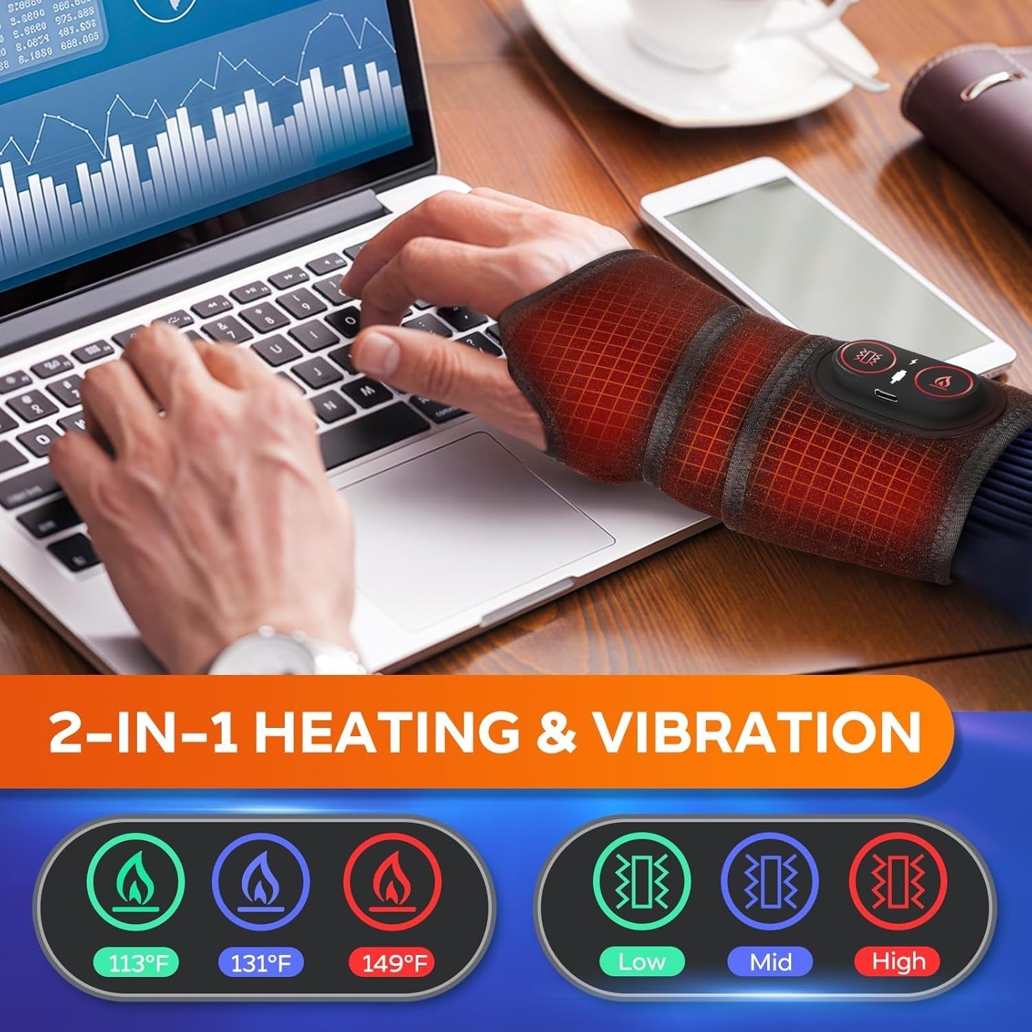 Fitlybuy cordless heating pad wrap with vibration on wrist while typing, showing heat/vibration levels on a desk.