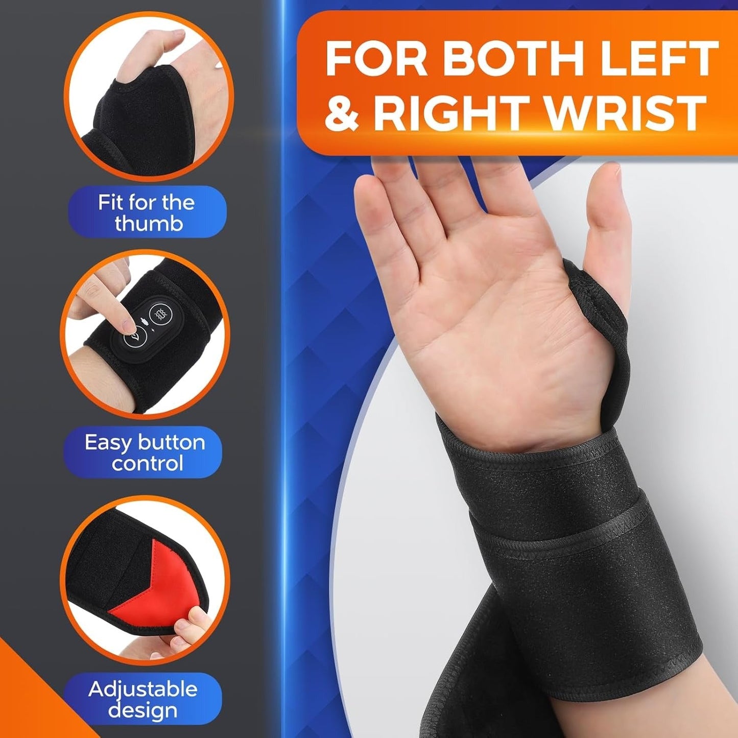Black Fitlybuy cordless heating wrist wrap with button controls, adjustable strap, and thumb hole for left/right hands.