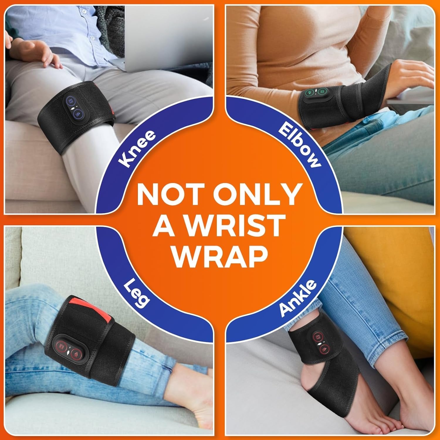 Fitlybuy black, cordless, multi-functional heating pad wrap being worn on a knee, elbow, leg, and ankle.