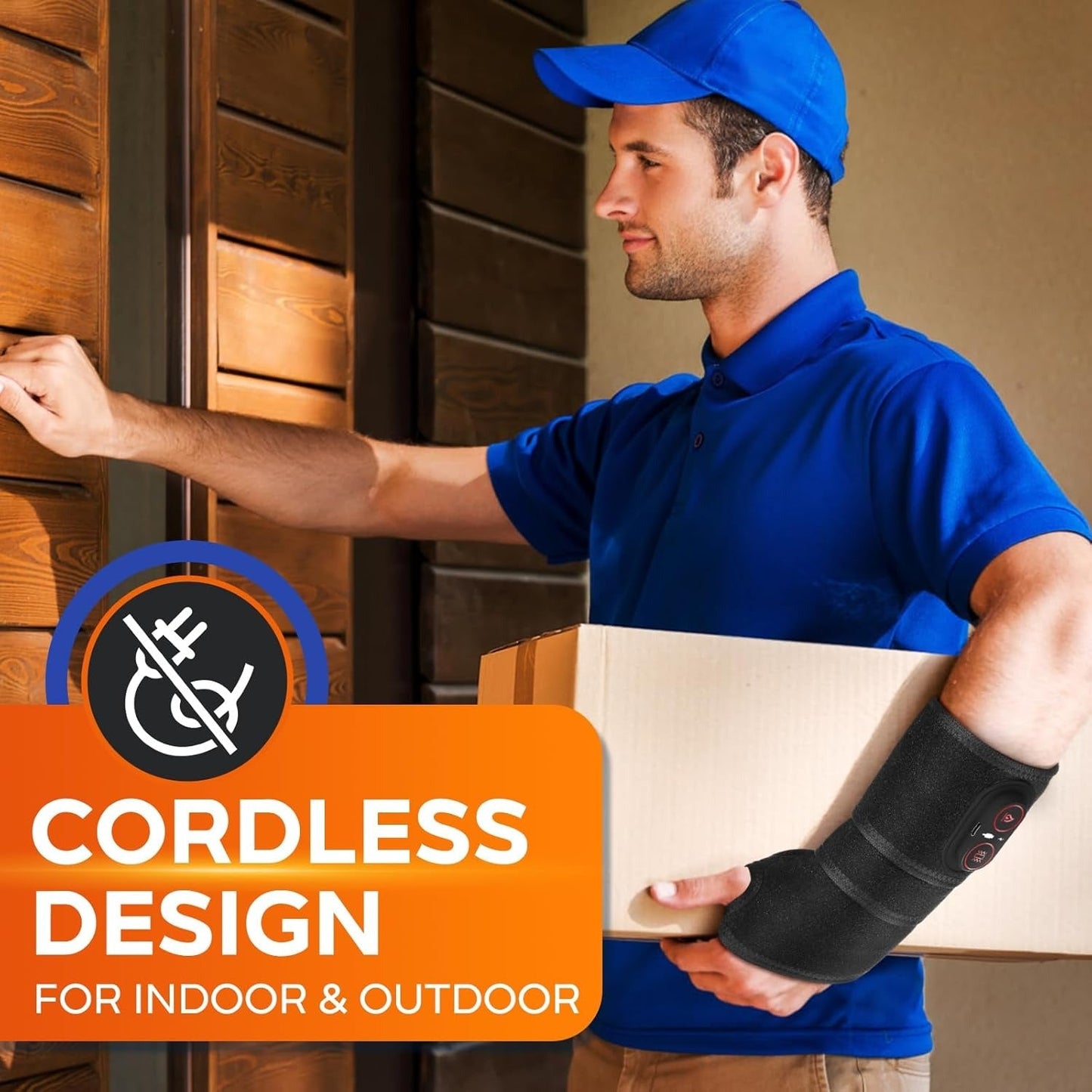 Fitlybuy cordless black heating pad wrap on a person's wrist, delivering soothing heat while they deliver a package.
