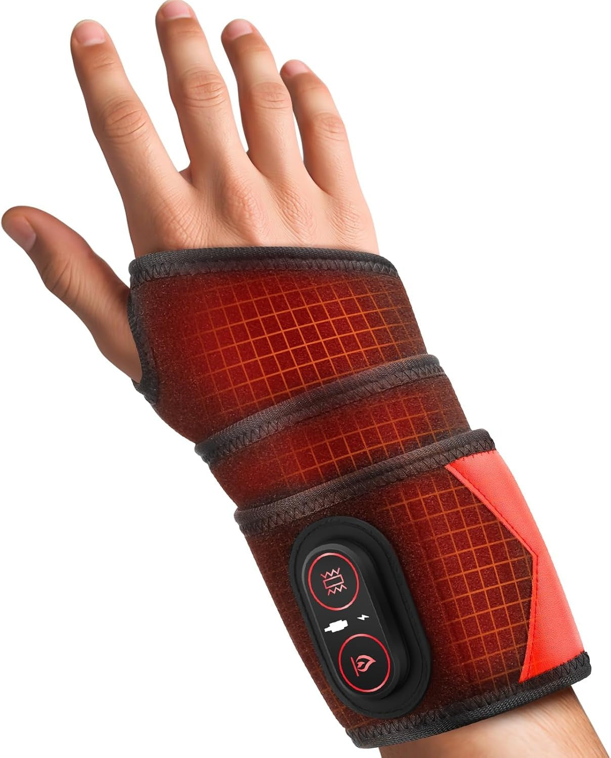 Fitlybuy cordless red grid-pattern wrist heating pad wrap with SoothingTherm control button, worn on a person's hand.