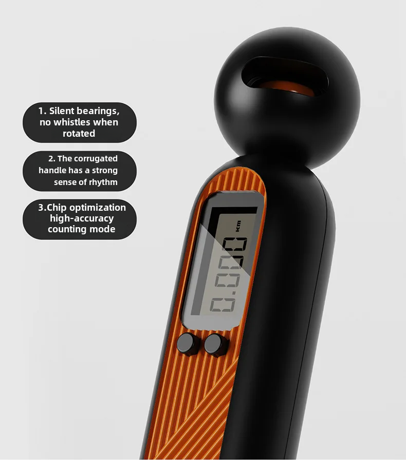 Black and orange cordless digital skipping rope handle featuring a built-in LCD screen and high-accuracy counting chip.