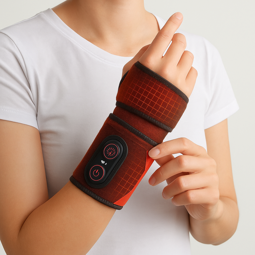Fitlybuy cordless red grid-pattern wrist heating pad wrap with adjustable control buttons worn on a person's arm.