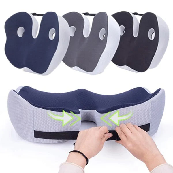 Fitlybuy sciatica relief cushions in navy, grey, and black with ergonomic cutouts and an adjustable securing strap.