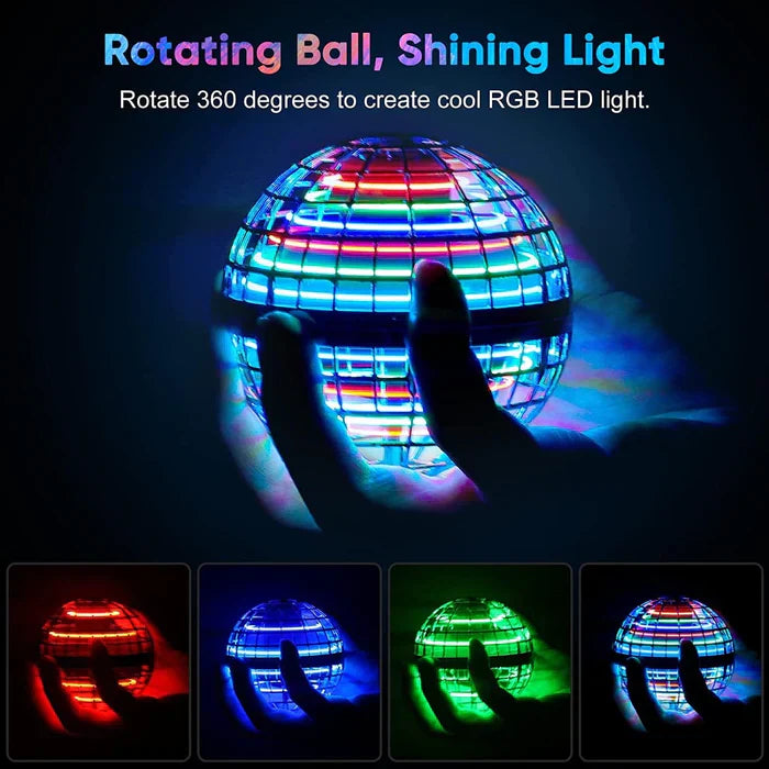Fitlybuy flying boomerang hover ball with 360-degree rotating RGB LED lights held in a hand against a dark background.