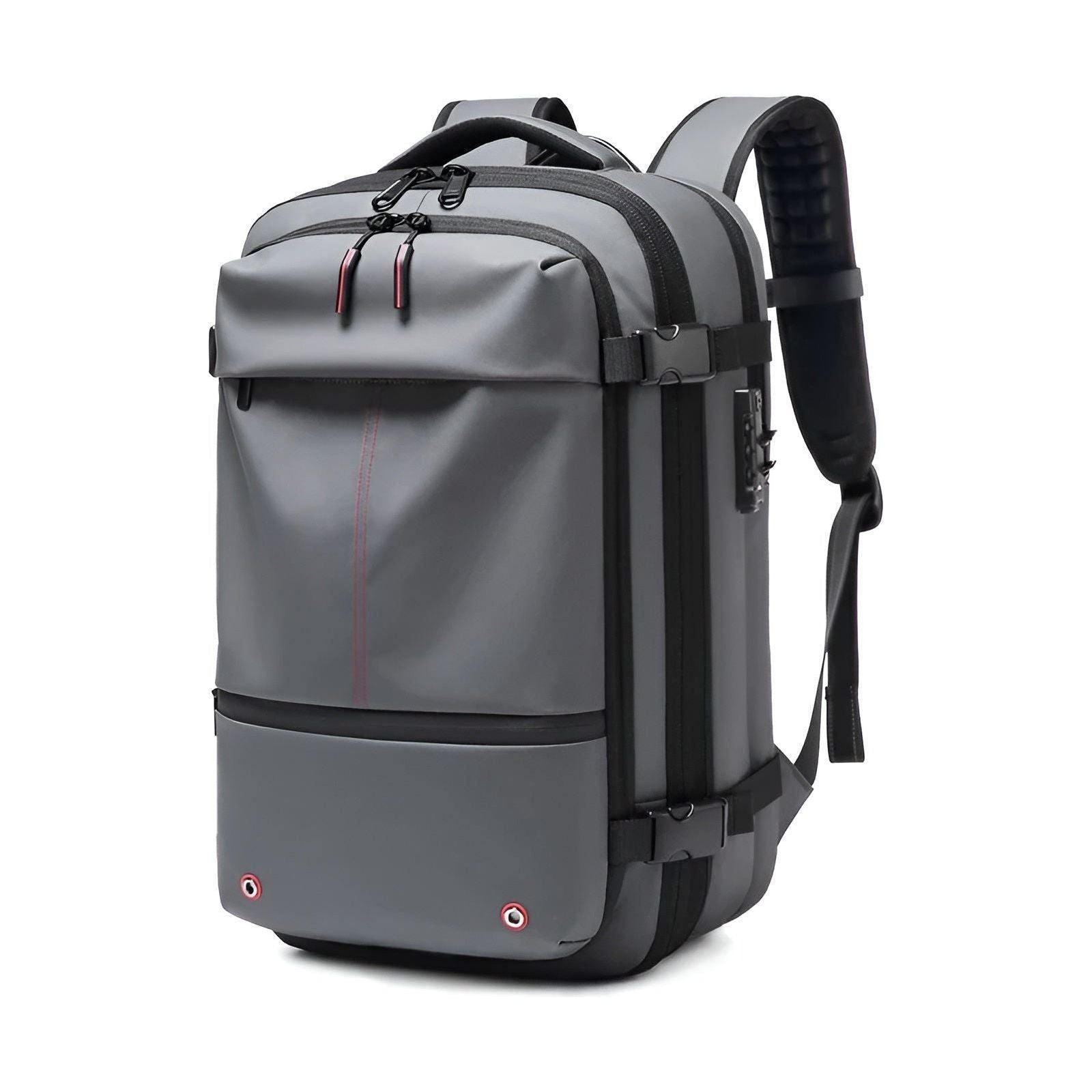 Grey Fitlybuy Lara JetPack waterproof travel backpack with side buckle straps, lock, and large capacity design.