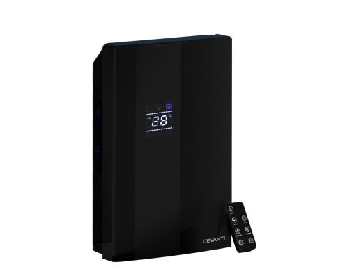Black Fitlybuy 2L dehumidifier and air purifier with a digital display showing 28 and an included remote control.