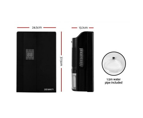 Black 2L Devanti dehumidifier and air purifier with digital display and 1.5m drainage pipe. Dimensions provided.