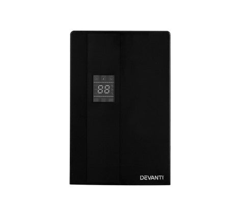 Black Fitlybuy 2L dehumidifier and air purifier with a central digital display screen, isolated on a white background.