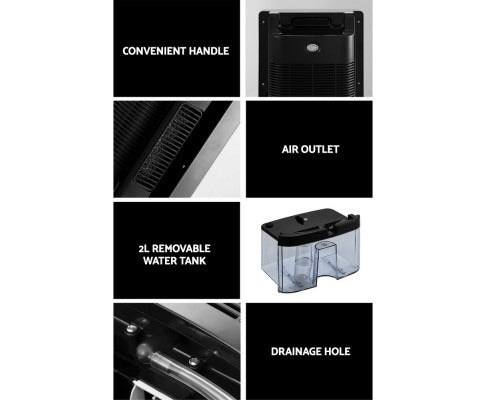 Fitlybuy 2L Dehumidifier features: carry handle, air outlet, 2L removable water tank, and external drainage hose.