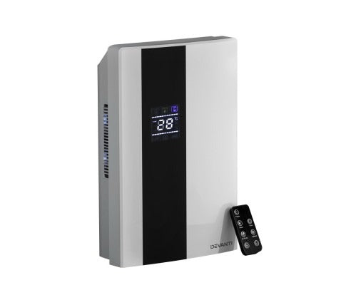 White and black 2L dehumidifier with digital LED display and remote control, isolated on a white background.