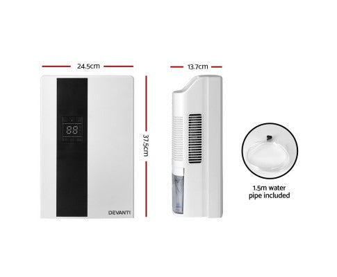 White and black Fitlybuy 2L dehumidifier with digital display, side profile, and 1.5m water pipe with dimensions.