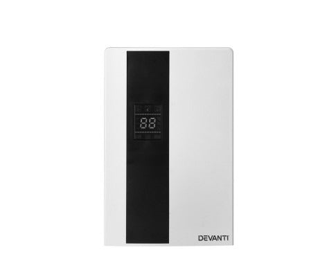 White and black Devanti 2L dehumidifier with a vertical digital display panel on a plain white background.