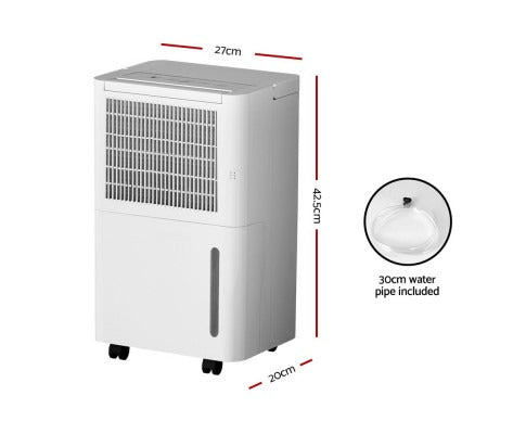 White Fitlybuy 2in1 dehumidifier and air purifier with dimensions and a 30cm drainage pipe included.
