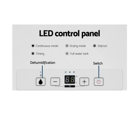 Fitlybuy 2in1 dehumidifier white LED control panel with buttons for modes, timer, power, and digital humidity display.