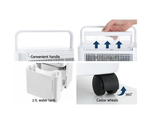 Fitlybuy 2in1 dehumidifier/purifier features: white finish, handle, removable filter, 2.1L tank, and 360° castor wheels.