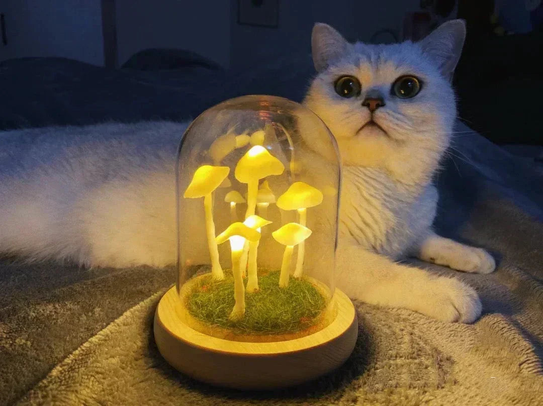 Fitlybuy Enchanted Mushroom glass lamp with glowing yellow LED fungi on a wooden base, next to a curious white cat.
