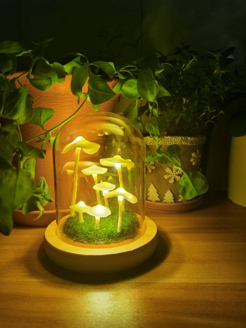 Fitlybuy DIY glass lamp with glowing LED mushrooms on a mossy base, set on a wooden table among house plants.