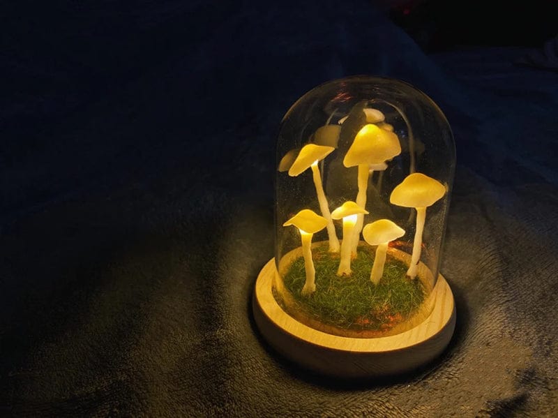 Fitlybuy DIY Enchanted Mushroom glass dome lamp with glowing yellow LED fungi on a wooden base in a dark setting.