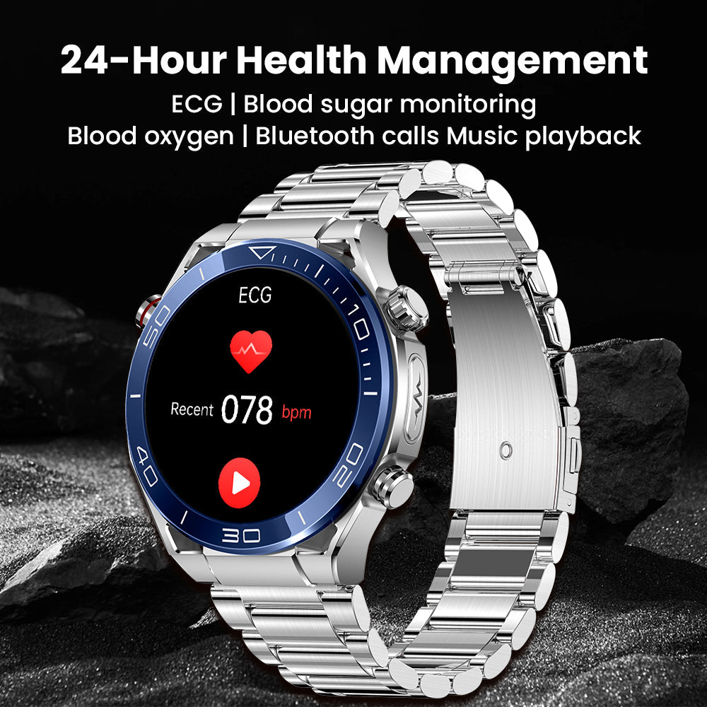 Silver Fitlybuy Kexi-Life Max 1 smartwatch with blue bezel, metal strap, and heart rate monitor screen display.