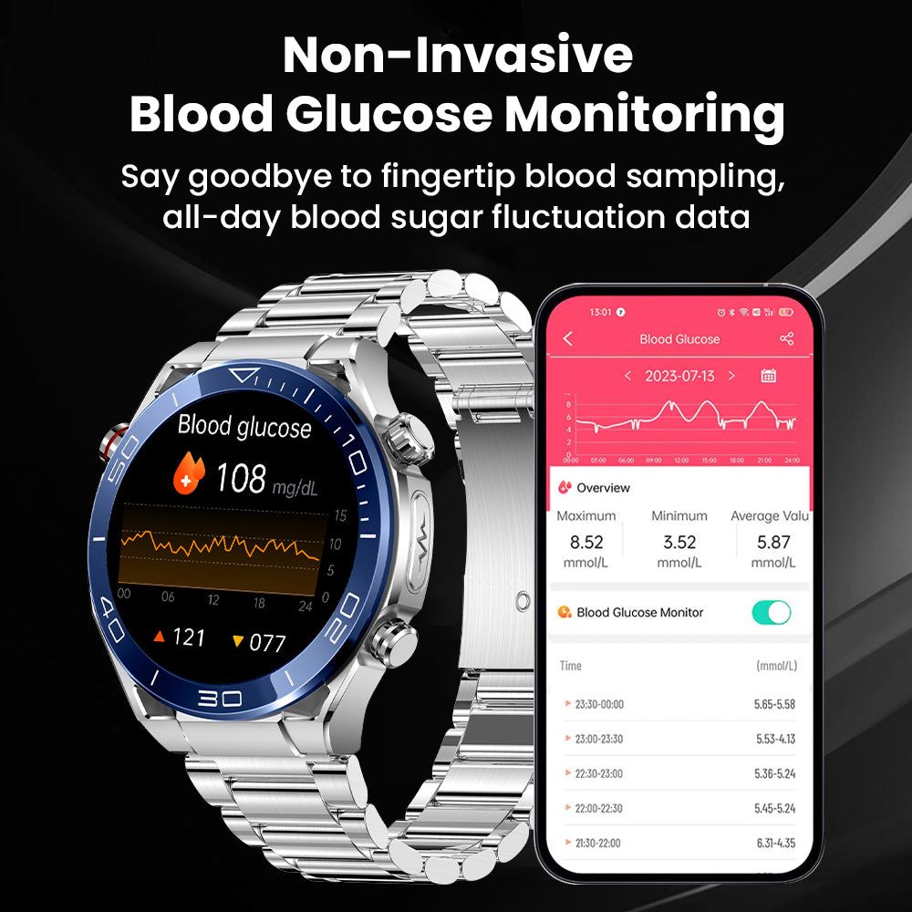 Silver Kexi-Life Max 1 smartwatch with blue bezel next to smartphone app showing non-invasive blood glucose data.
