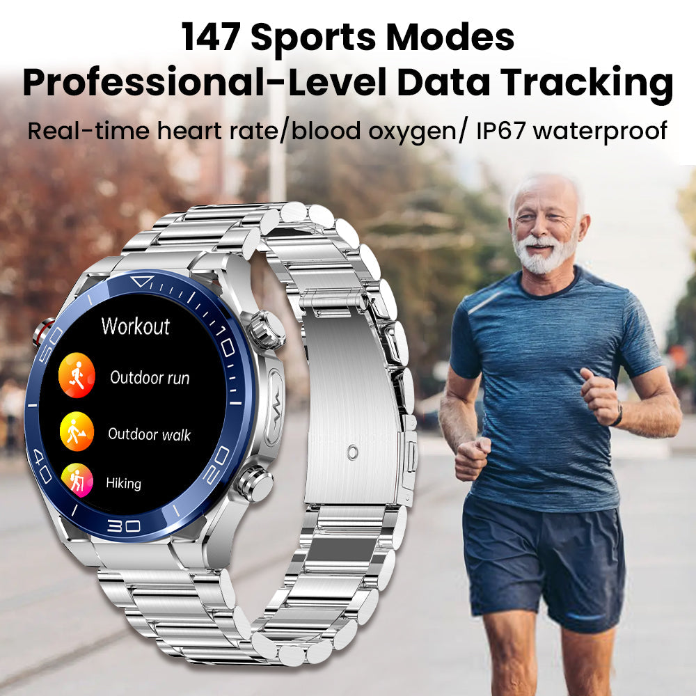 Fitlybuy silver smartwatch with metal band and sports display, shown with an active older man running outdoors.