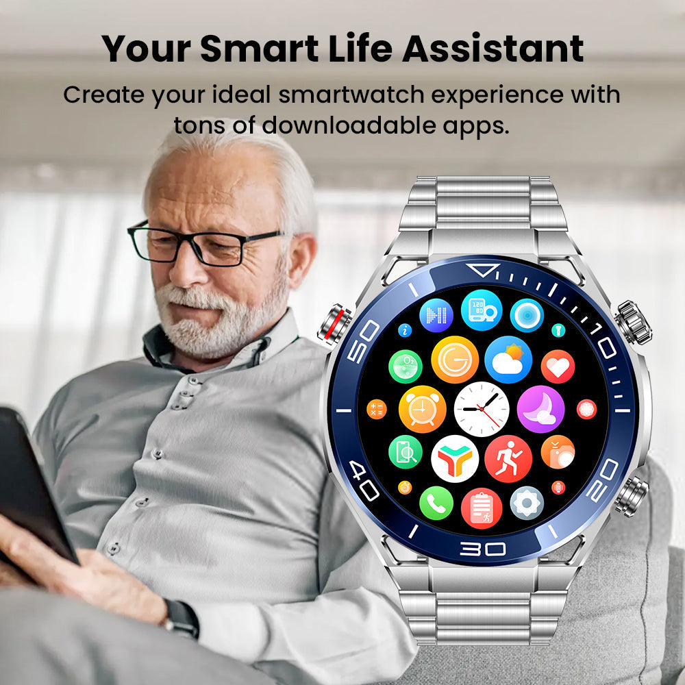 Silver Kexi-Life Max 1 smartwatch with a blue bezel and app-filled screen next to a man using a digital tablet.