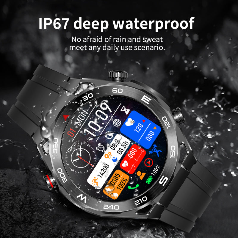 Black Kexi-Life Max 1 smartwatch showing health metrics against a dark, splash-water background. IP67 waterproof rated.
