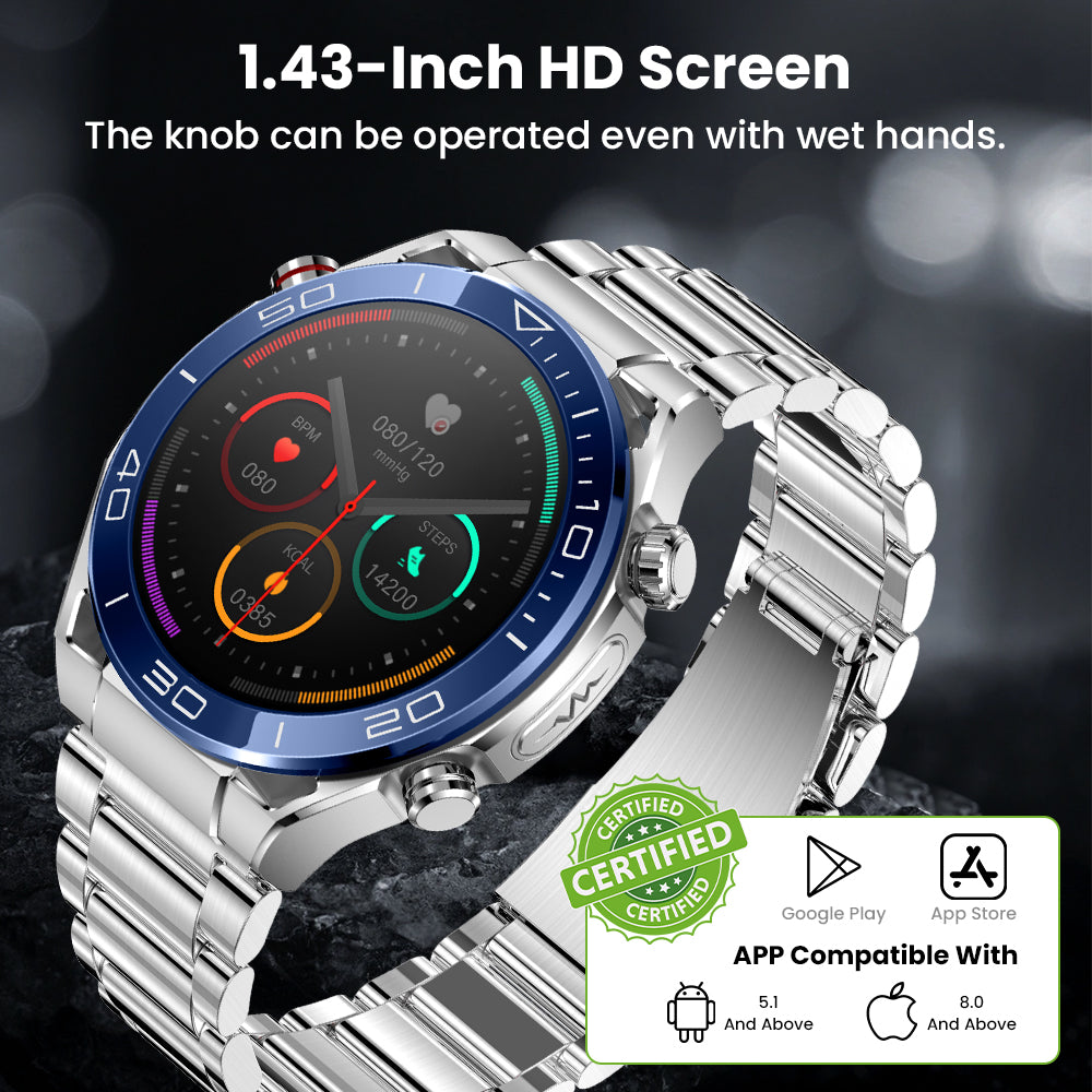 Fitlybuy Kexi-Life Max 1: Silver smartwatch with blue bezel, 1.43" HD screen, health monitoring, and metal band.