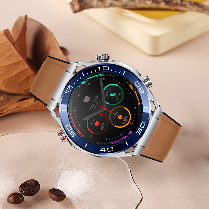Fitlybuy Kexi-Life Max smartwatch with blue bezel, tan leather strap, and health-tracking display on a desk background.