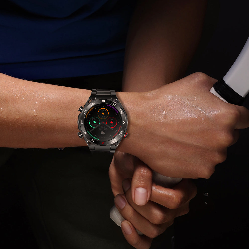 Black Kexi-Life Max 1 health smartwatch on a sweaty wrist, displaying heart rate and blood pressure monitoring stats.