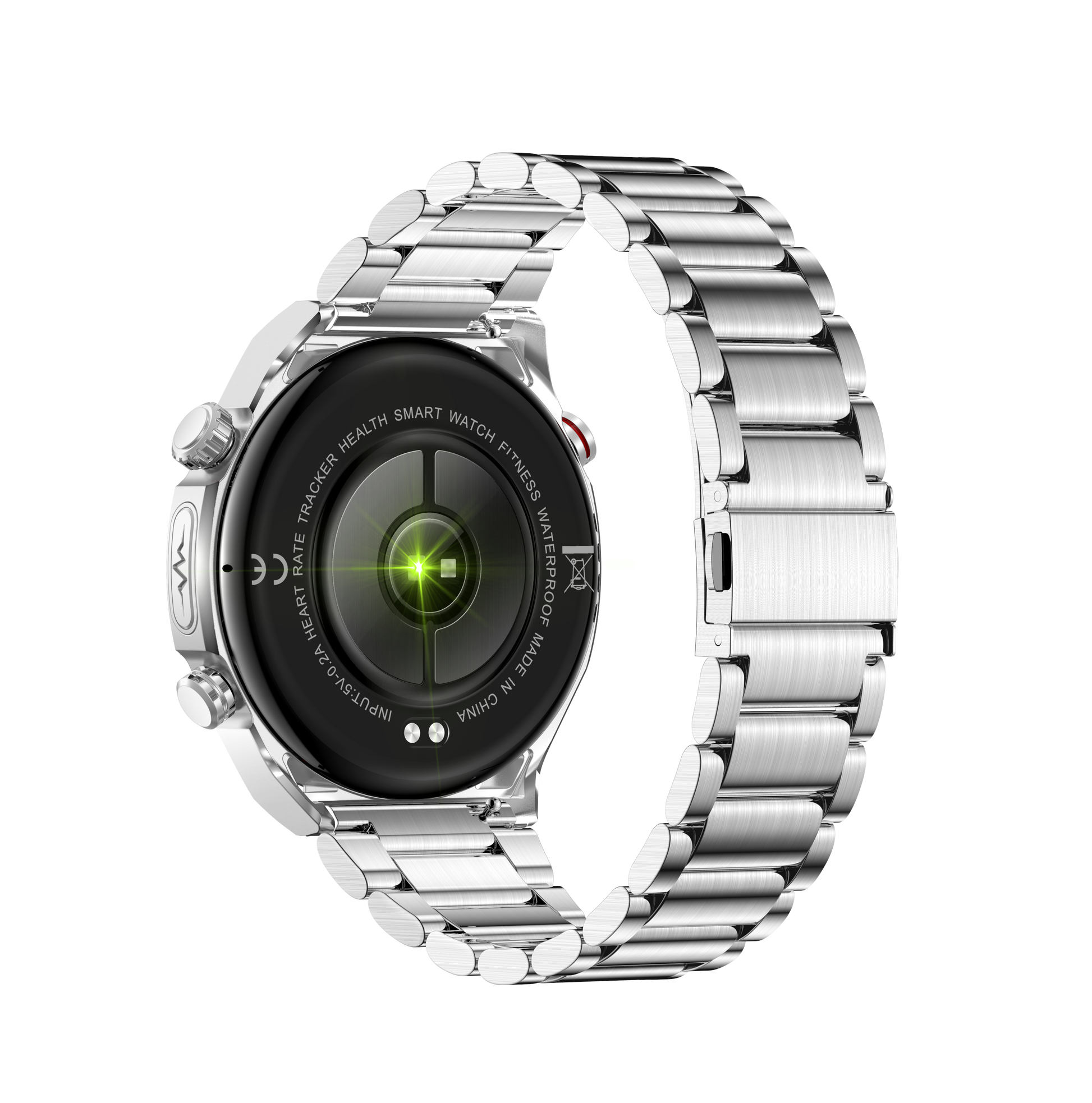 Silver Kexi-Life Max 1 health smartwatch with metal link band, showing the back sensor with glowing green light.