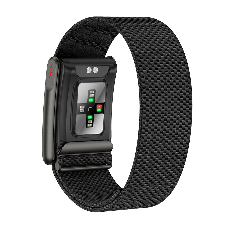 Fitlybuy Kexi-Life health bracelet: black woven band with rear sensor array for ECG and heart rate monitoring.
