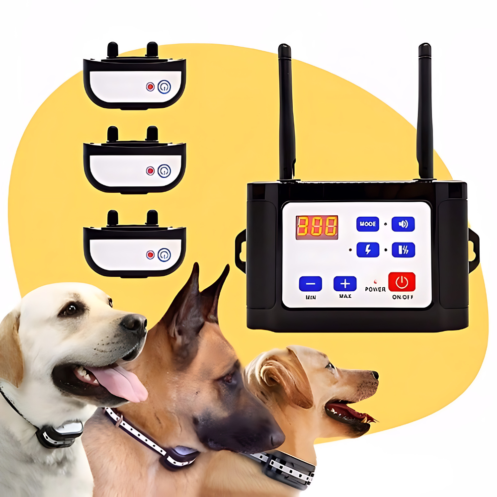 Fitlybuy SafeZone wireless dog fence transmitter with three collars, featuring digital controls and three pet models.
