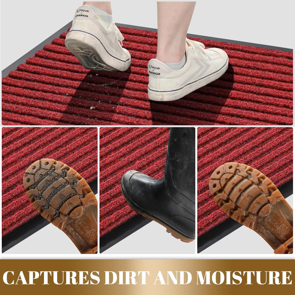 Fitlybuy red, ribbed all-weather door mat showing shoes capturing dirt and moisture on its non-slip surface.
