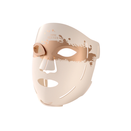 Fitlybuy Artemis LED light therapy mask in a sleek, off-white and metallic gold finish on a black background.