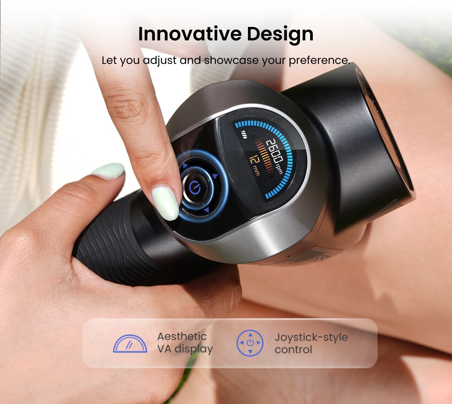 Fitlybuy Ascend black massage gun with HyperPulse technology, featuring a digital VA display and joystick-style control.