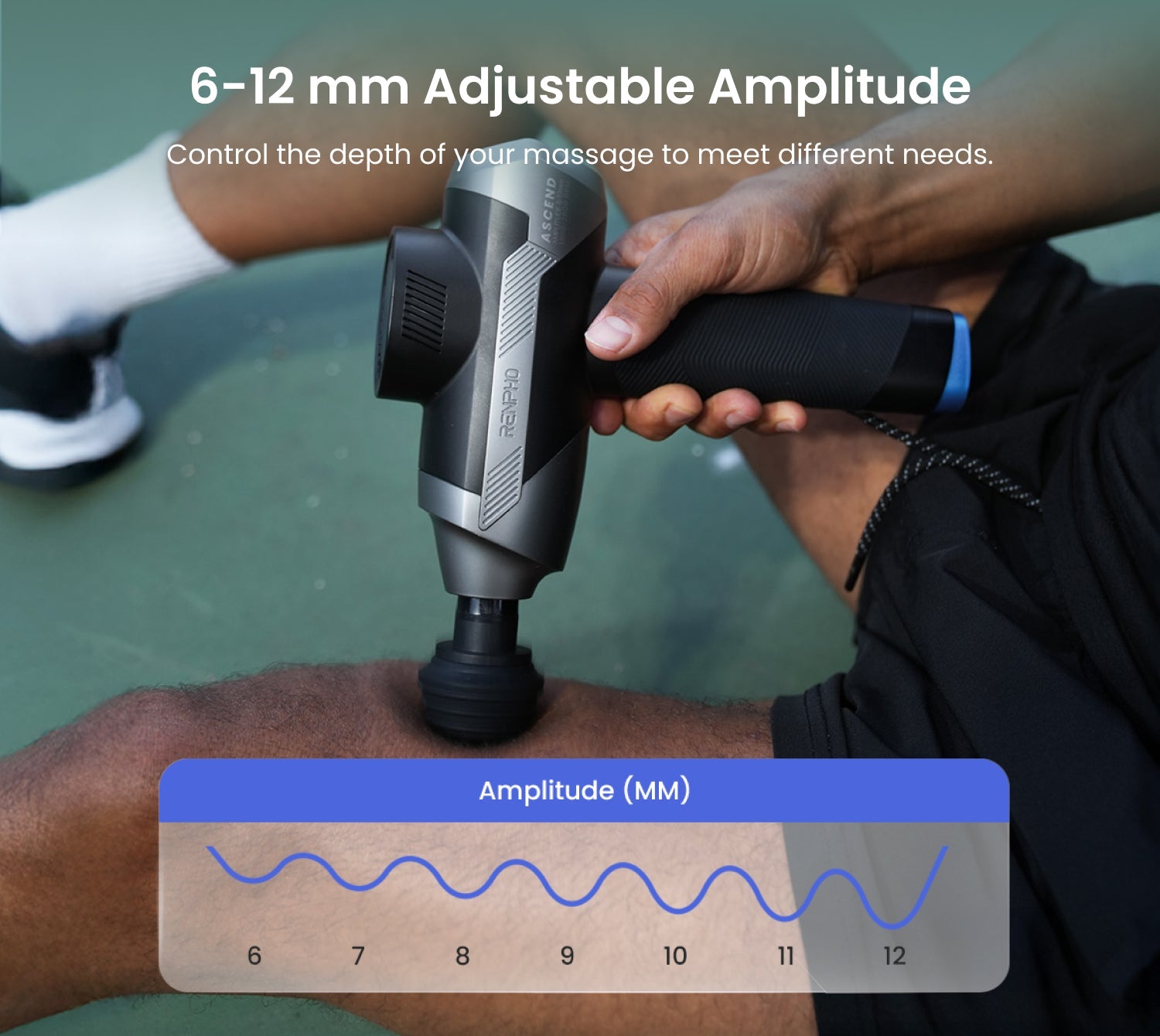 Fitlybuy Ascend grey massage gun with HyperPulse vibration on a person's leg, featuring an amplitude adjustment chart.