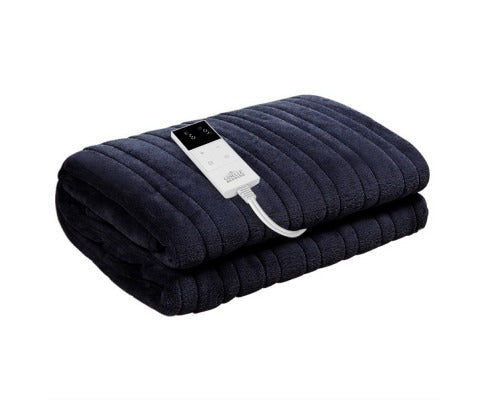 Folded navy blue Fitlybuy electric throw rug with channeled fleece texture and a digital wired remote controller.