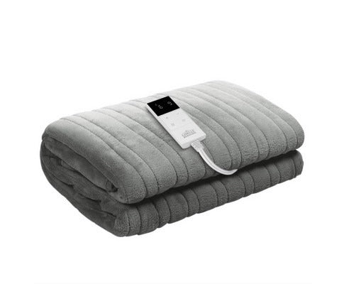 Folded gray Fitlybuy electric throw blanket with ribbed texture and digital temperature controller on white background.