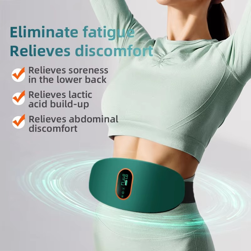 Person wearing a dark green Fitlybuy EMS heated waist massage belt with digital display to relieve pain and discomfort.